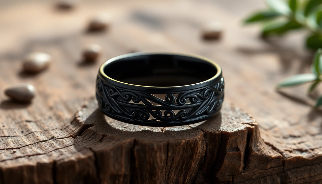 Showcase of Black Wedding Rings for Men featuring intricate designs and polished finishes.