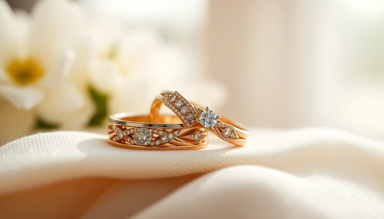 Showcase of exquisite Wedding rings with intricate designs on textured fabric.