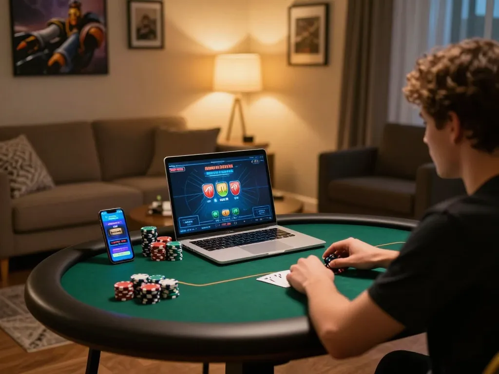 Playing online poker at home showcasing the excitement of casino online esteri with laptop and chips.