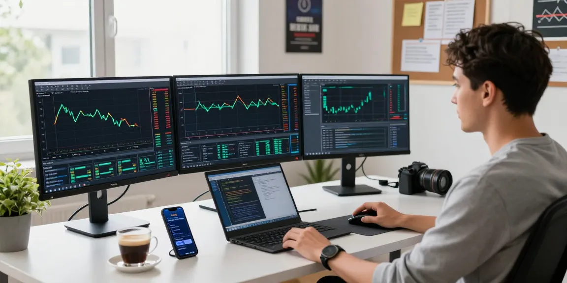 Trader utilizing MetaTrader 5 in a modern home office with real-time analysis tools and charts.