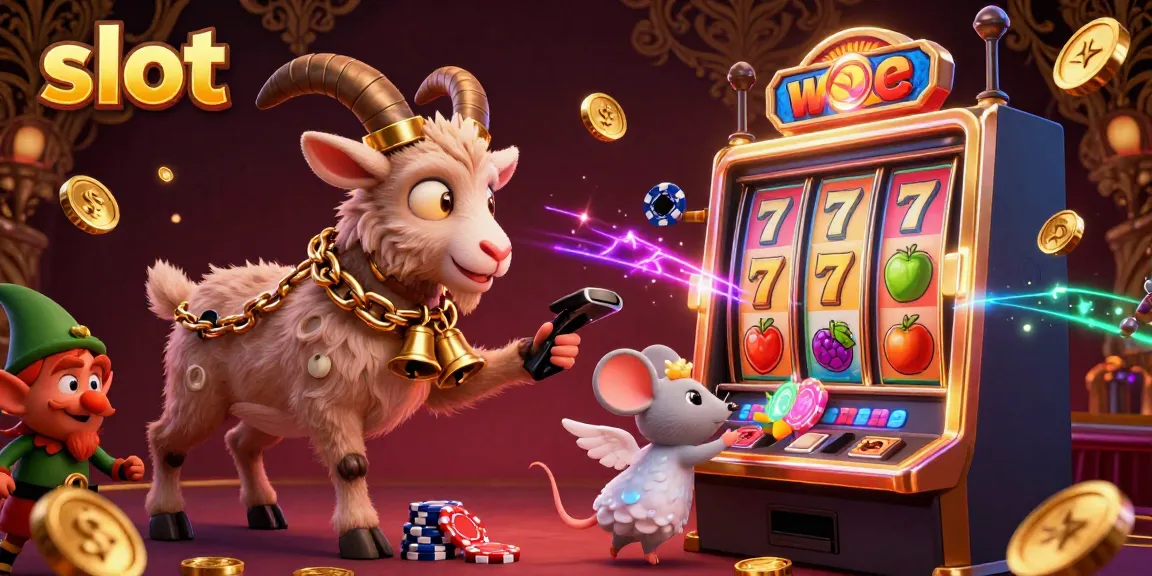 Enjoy thrilling slot action featuring a Krampus goat, angel mouse, and greedy elves in a dynamic casino scene.