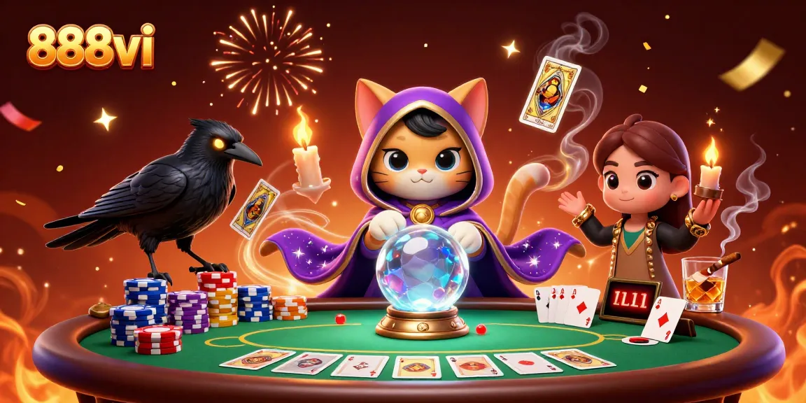 Engage in exciting gameplay on 888vi with a fortune teller mystic cat, poker chips, and card games.