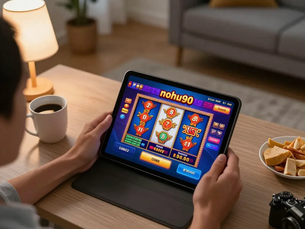 Nohu90 player enjoying a vibrant online casino game on a tablet while relaxing at home.