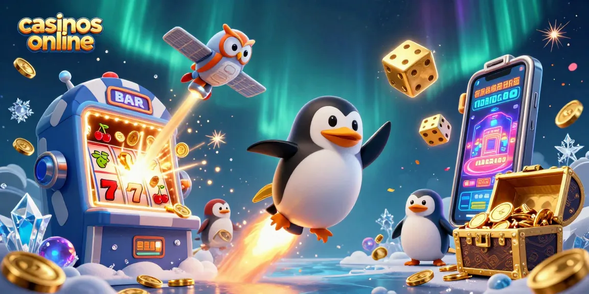 Explora casinos online con el pingüino dorado, tragamonedas y jackpots en una ilustración vibrante.