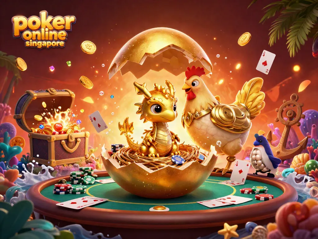 Play poker online in Singapore with exciting golden dragon imagery and rich casino elements.