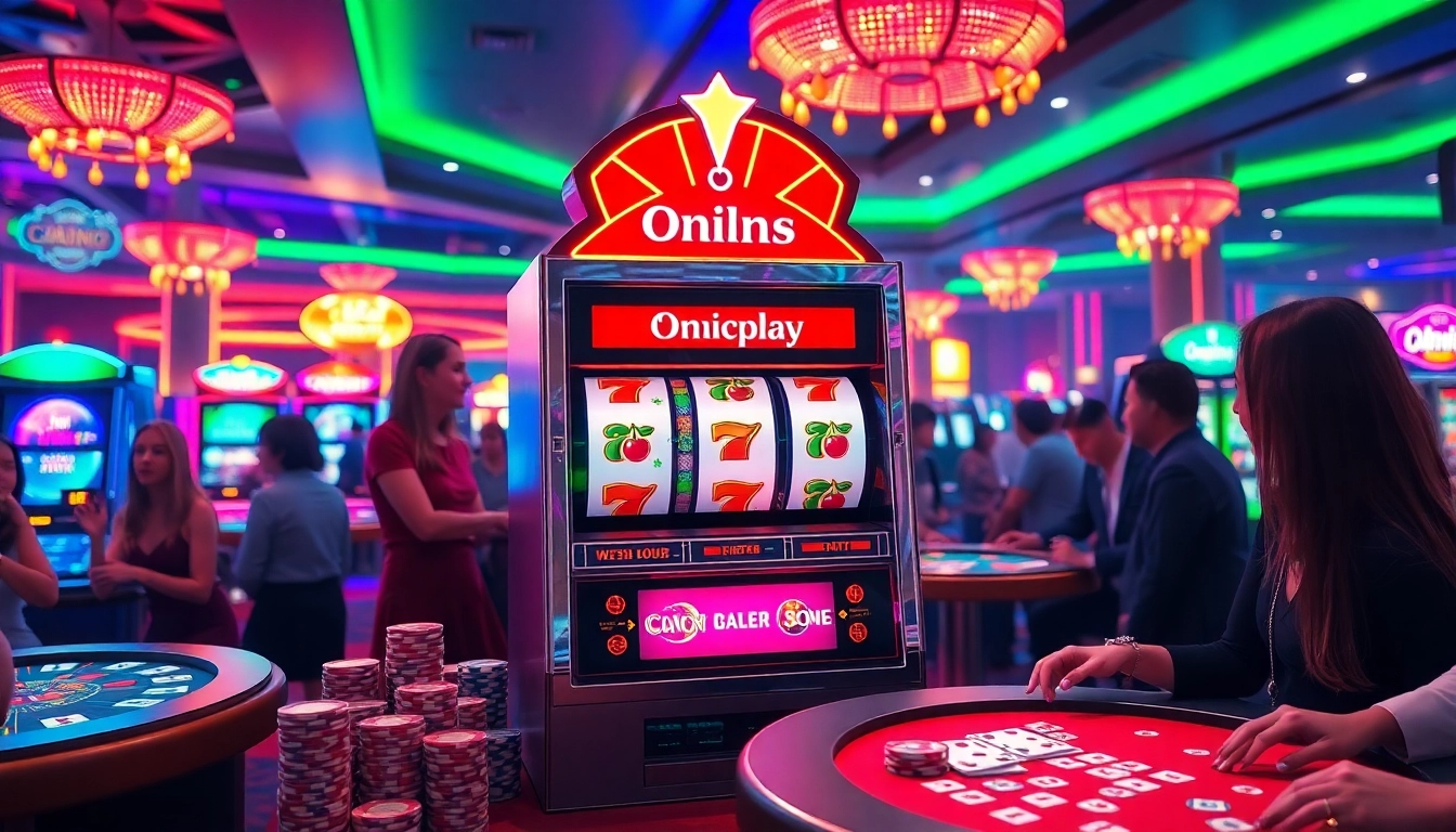 Excited players engaging at the Onicplay slot machine in a vibrant casino scene.