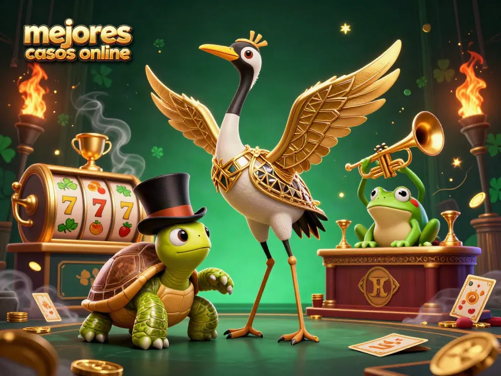 Analiza los mejores casinos online con una ilustración de personajes animados en un ambiente de casino vibrante.
