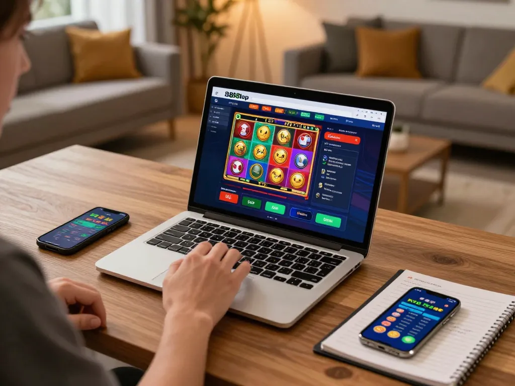 Player engaging with 888top casino games on a laptop screen, showcasing colorful slot interfaces and poker options.
