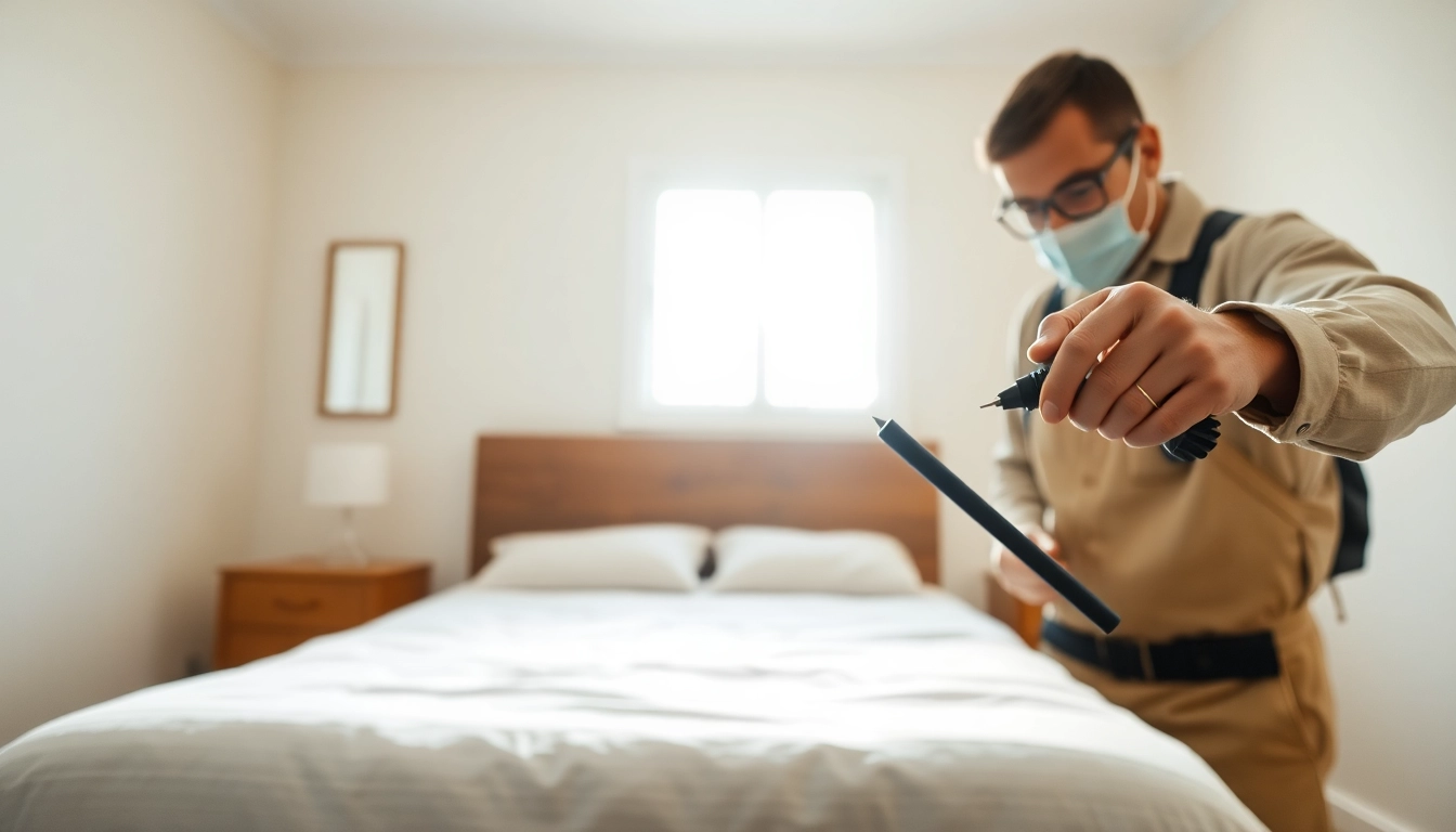 Expert checking for bed bug services near me in a well-kept bedroom environment.