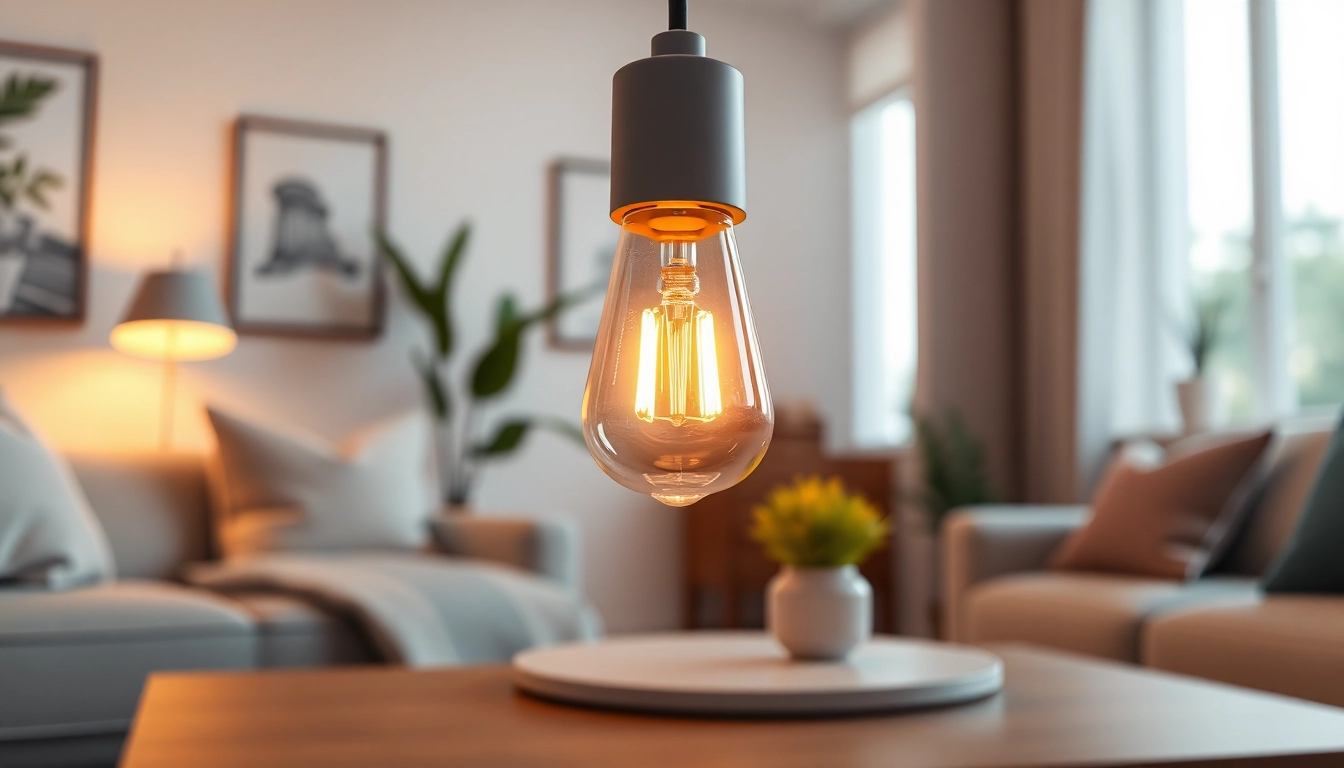 What is an A19 bulb, a stylish light source illuminating a cozy living room setting.