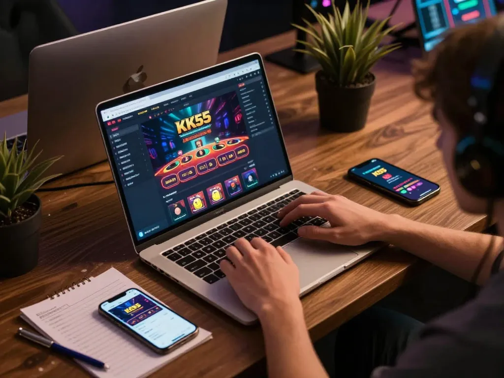 Experience online gaming at KK55, with a player engaged in strategic betting using a laptop amidst a cozy home setting