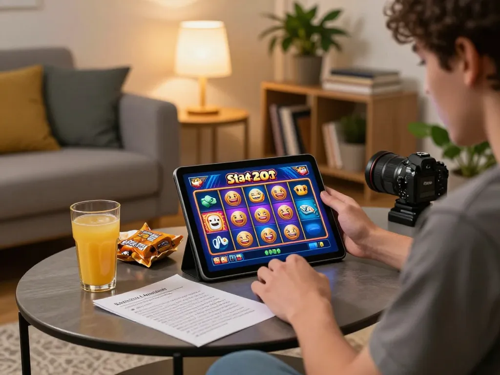 Engaging moment of a player using situs slot bet 200 on a tablet at home, emphasizing responsible gaming