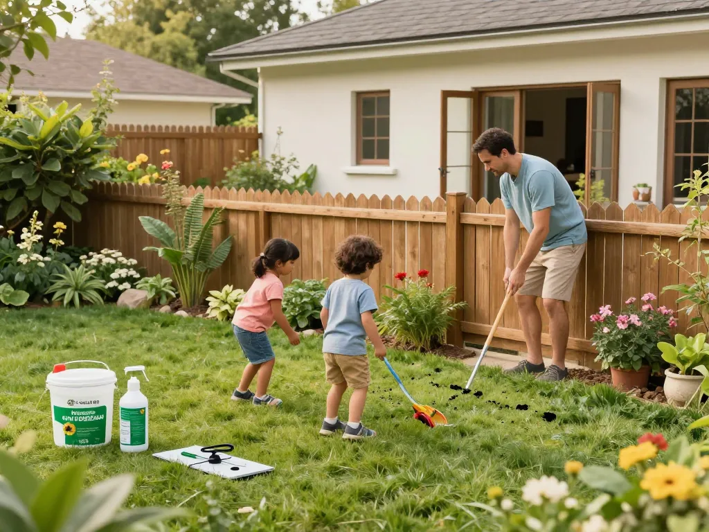 Pest prevention scene showing a family enjoying a garden while maintaining pest-free practices.