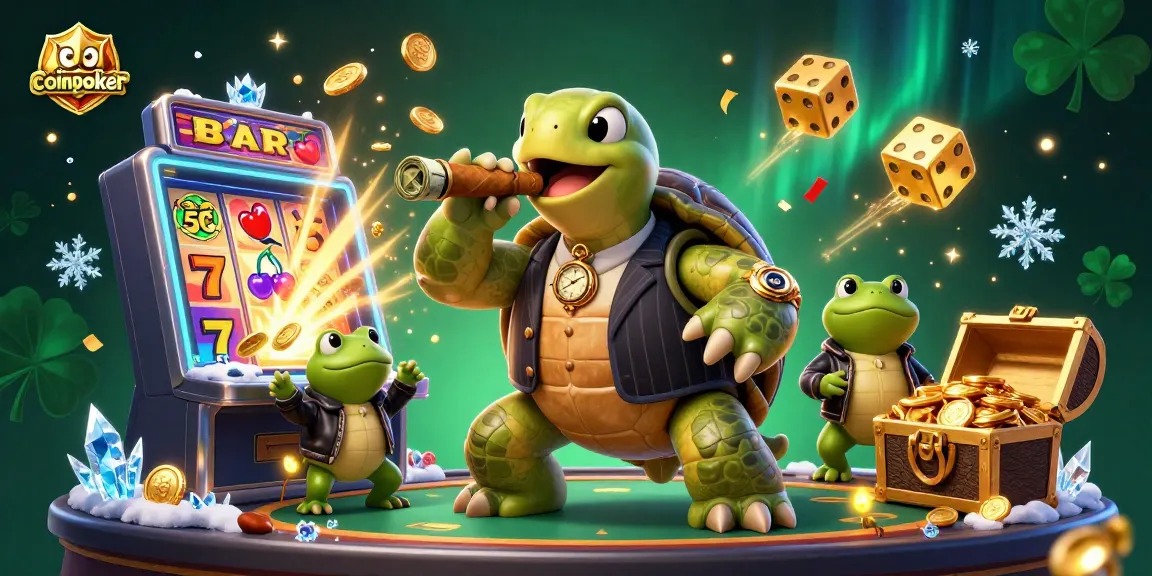 CoinPoker attire une ambiance festive avec une tortue vintage en costume entourée de personnages animateurs, jeux et jackpots.