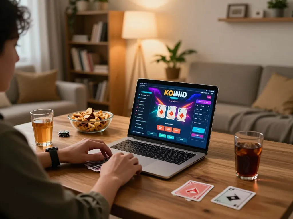 KOINID poker gameplay on a laptop during a cozy home gaming session.