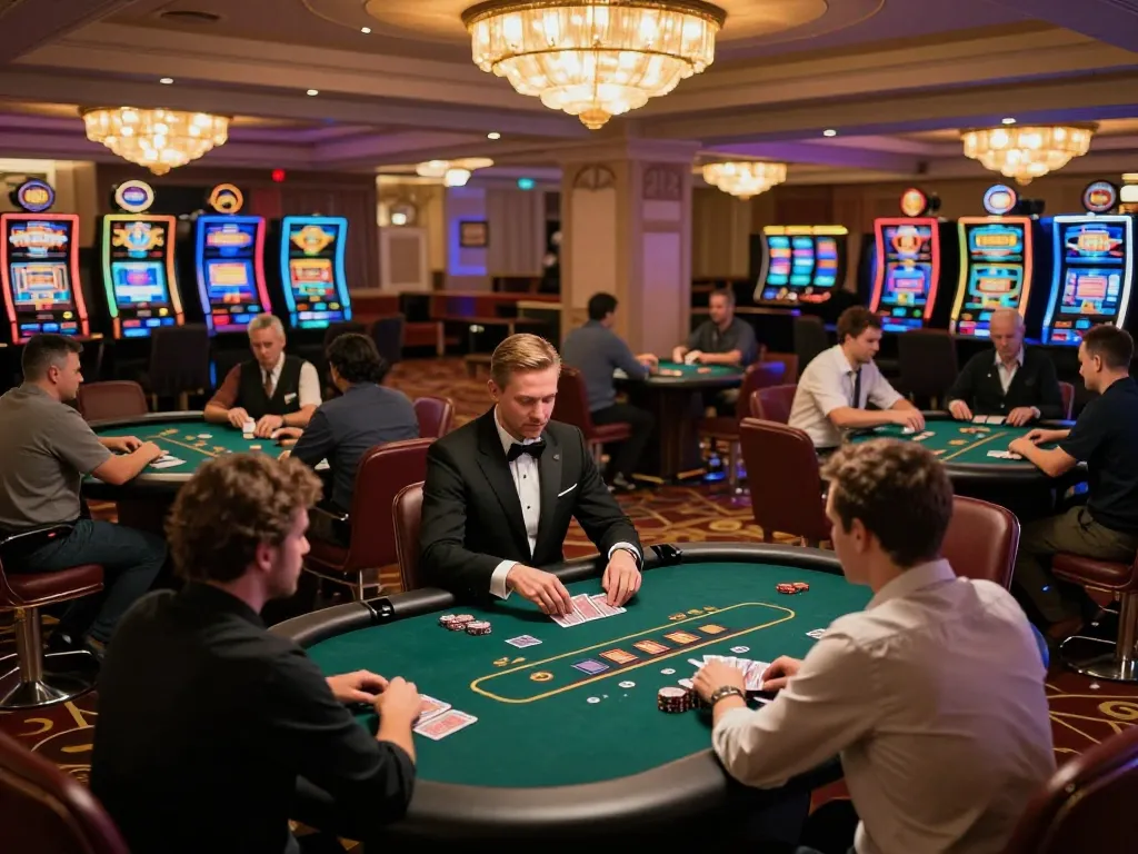 Players engaging in strategic poker gameplay at EV99 bet casino, depicting a vibrant casino atmosphere.