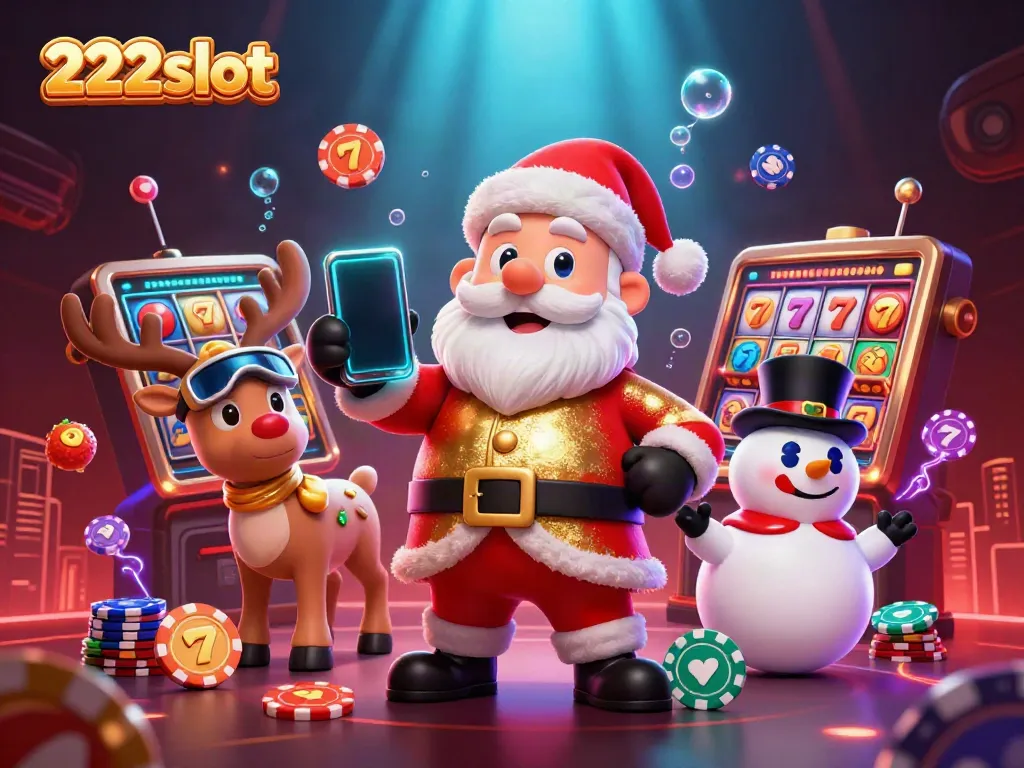 Permainan slot menarik di 222slot dengan Santa Claus, rusa, dan pria salju, dihiasi simbol keberuntungan.