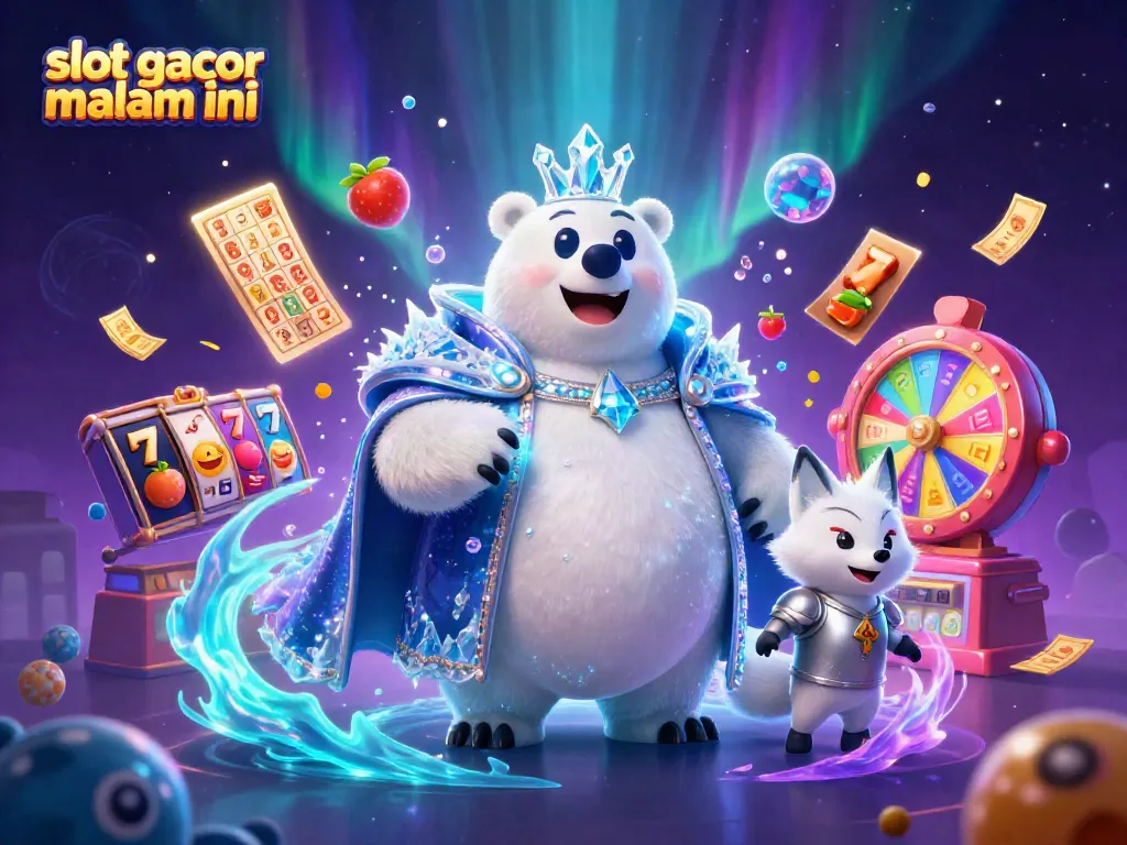Visualisasi dinamika permainan di slot gacor malam ini dengan karakter beruang kutub dan rubah bersenjata, mengelilingi elemen slot yang menarik.