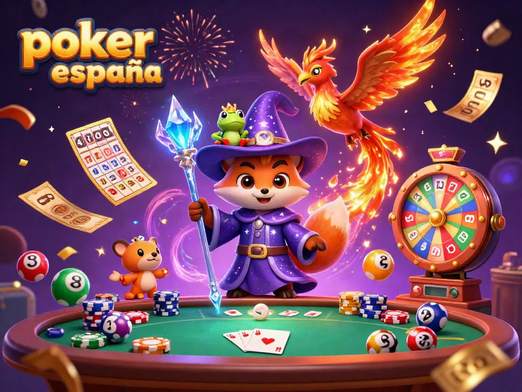 Juega póker online España en una escena mágica con personajes y elementos de casino vibrantes.