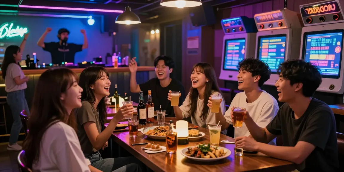 Cheerful friends enjoying 제주도유흥 at lively bar with karaoke and whiskey.