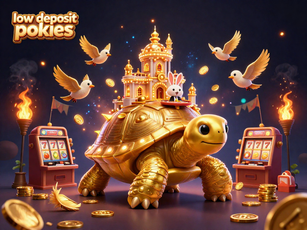 Spin low deposit pokies with golden coins and vibrant casino action surrounding a tortoise.