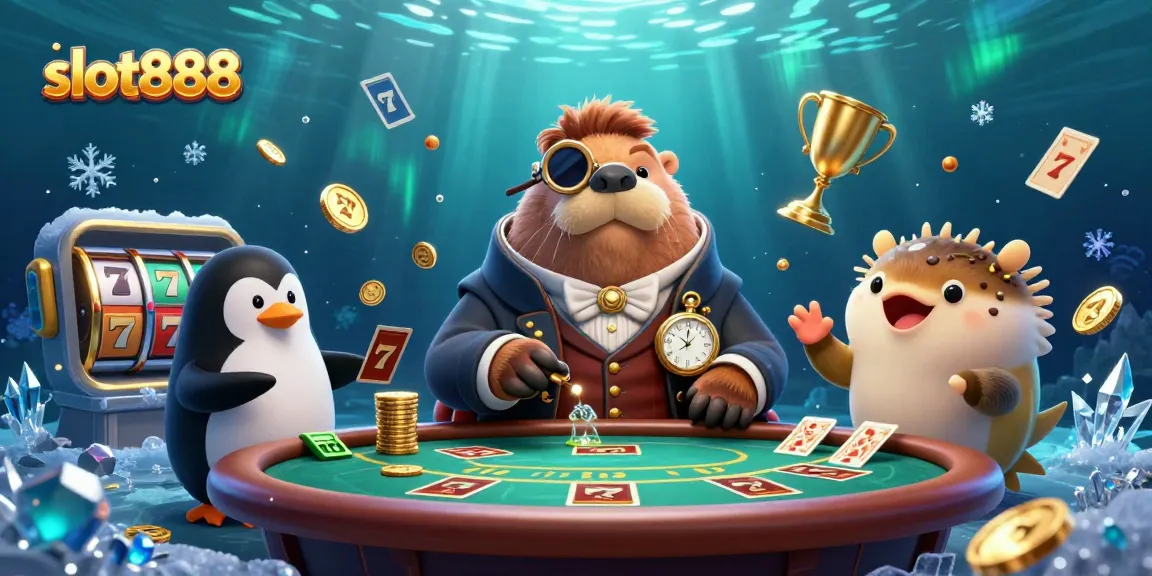 Permainan slot888 di bawah laut dengan walrus, dealer penguin, dan ikan puff menggunakan kartu taruhan.
