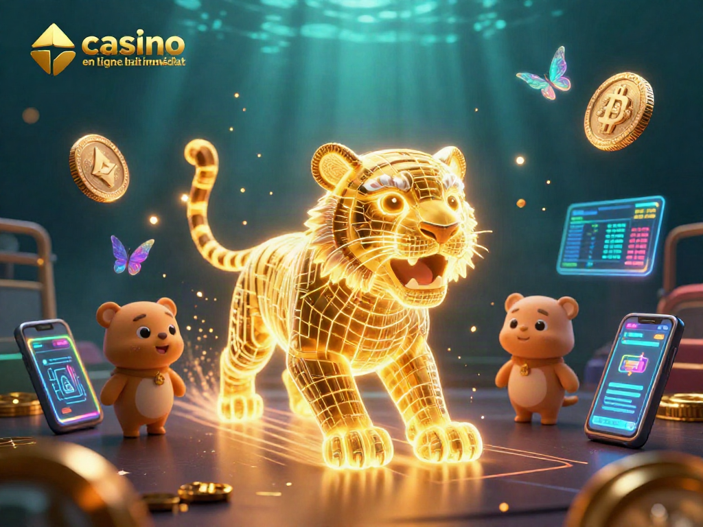 Découvrez des jeux de casino en ligne retrait immédiat avec un tigre doré néon dans un paysage numérique.