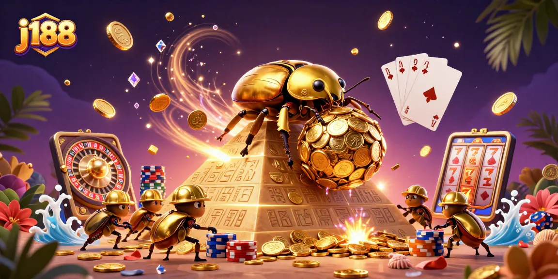 Experience j188 with a dynamic scene of golden beetles and casino elements exploding with action.