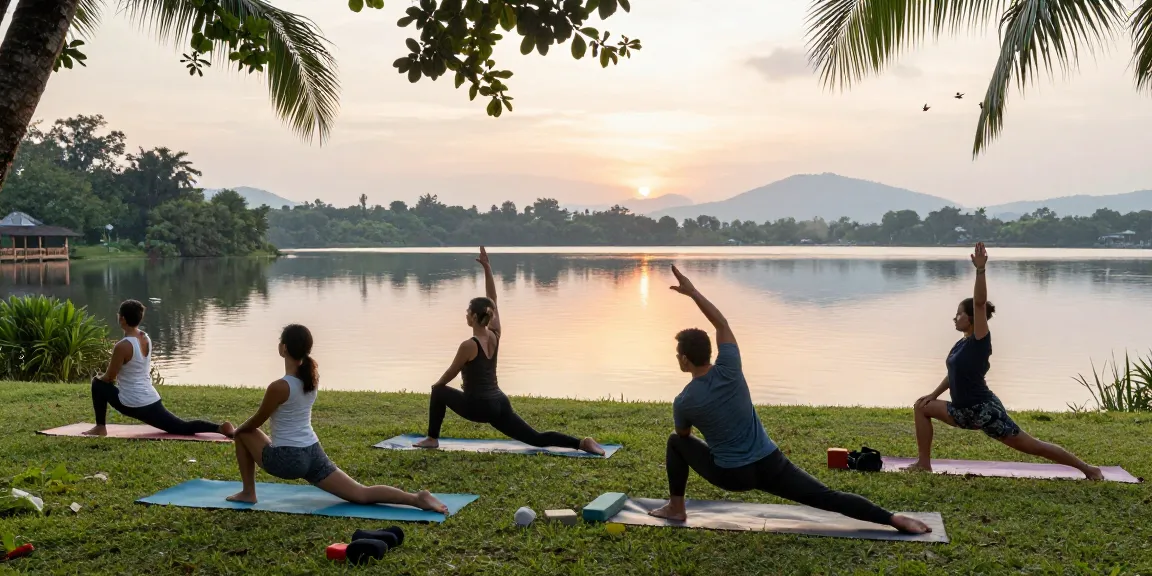 Yoga teachers intensive Sri Lanka at Koggala Lake, practicing 5-Dimensional Synergy Flow during sunrise.