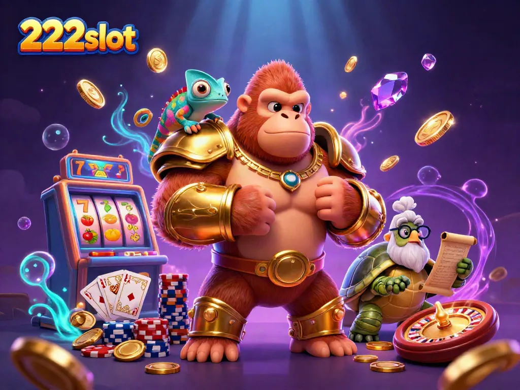 Slot 222slot dengan gorila kuat dalam armor emas, chameleon warna-warni, dan kura-kura bijak.