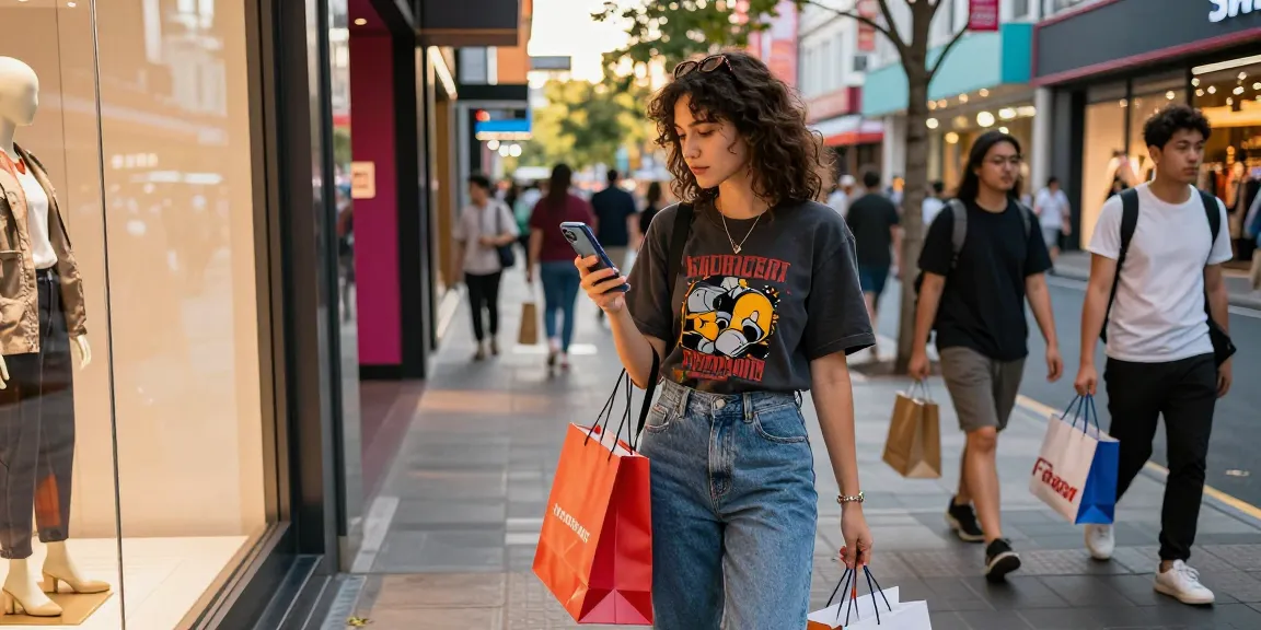 Shopper browsing stylish fashion items from shs-dome5.com in a lively urban setting.