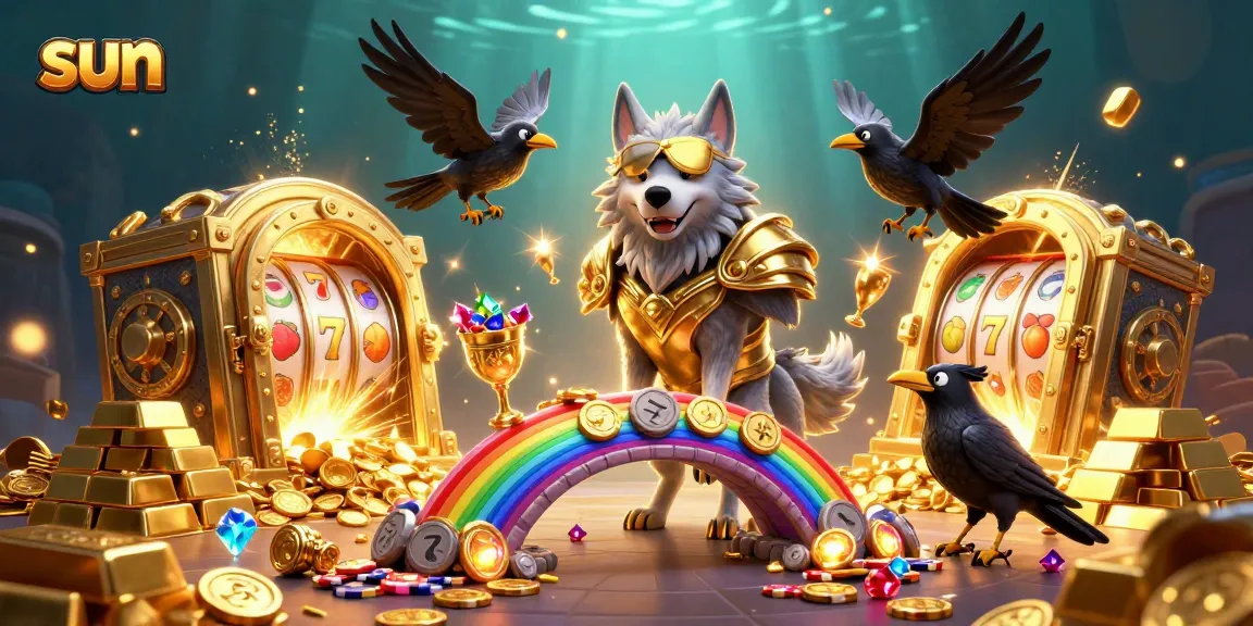 Spin the reels with the sun, featuring Odin and ravens amid a casino chip rainbow bridge.