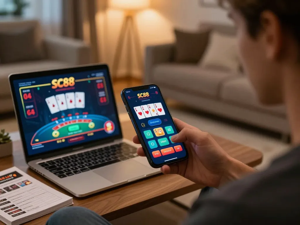 Engaging with SC88 casino on smartphone for live blackjack gameplay in cozy home setting.