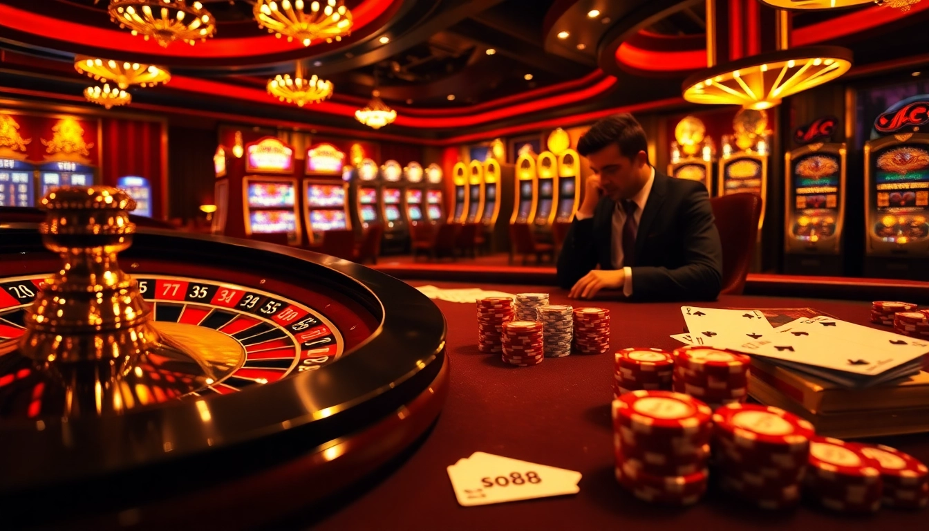 Experience the thrill of sc88 with vibrant roulette, poker chips, and glowing slot machines.