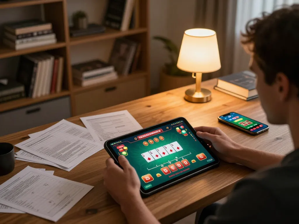 Engaging in online gambling strategies at home with tr88 casino app on tablet