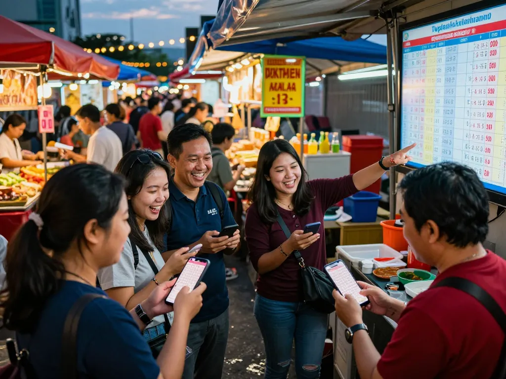 Togel Hongkong players checking results at a lively outdoor market, showcasing community excitement and energy.