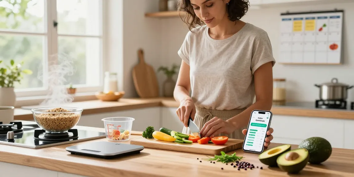 Health enthusiast using the best calorie tracking app while preparing a nutritious meal in a bright kitchen.