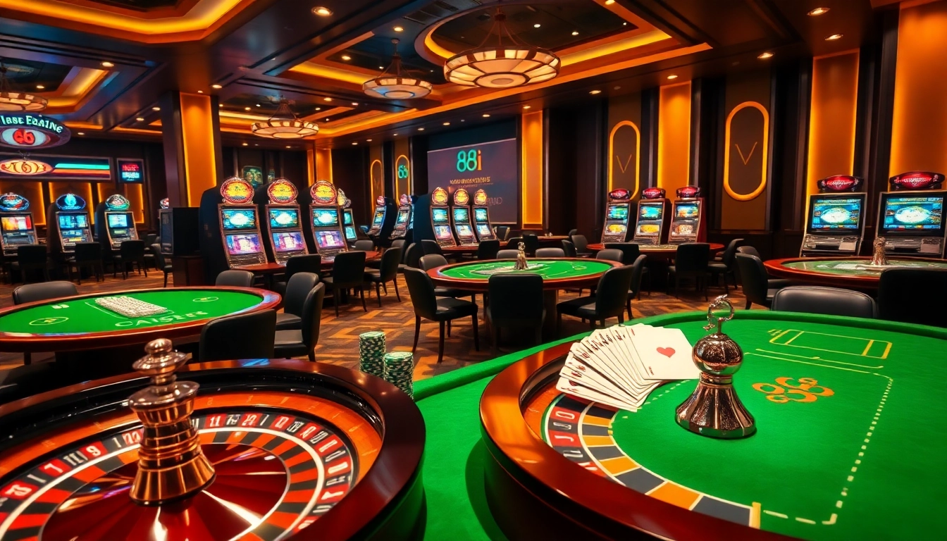 Experience the thrill of 88i casino gaming with vibrant tables, poker chips, and a roulette wheel.