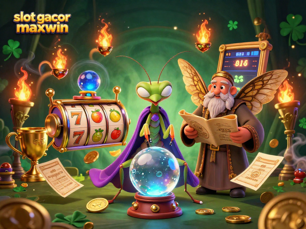 memenangkan slot gacor maxwin dengan simbol slot beruntung dan karakter fantastis dalam ilustrasi 3D