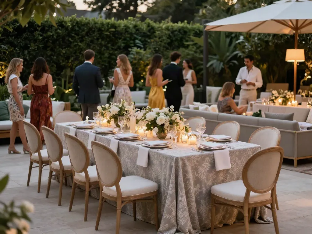 Event furniture rental beautifully arranged in a stylish outdoor venue.