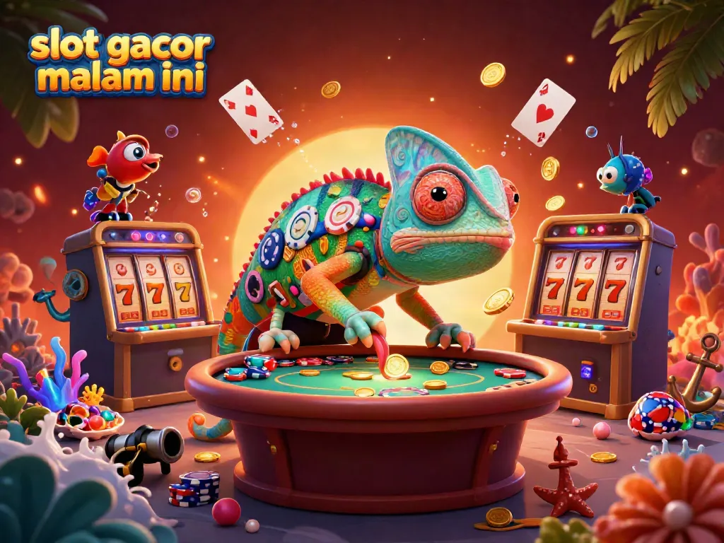 Gambarkan kegembiraan slot gacor malam ini dengan ilustrasi chameleon kasino mendetail dan elemen permainan.