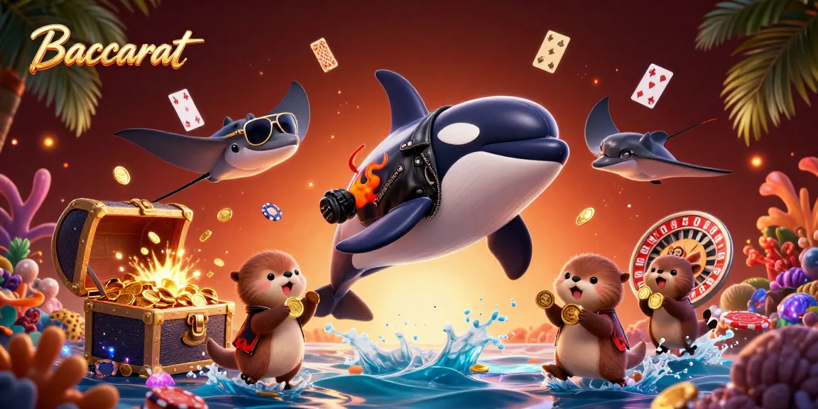 Baccarat scene with cartoon orca whale, stingray, and otters celebrating winning casino chips.