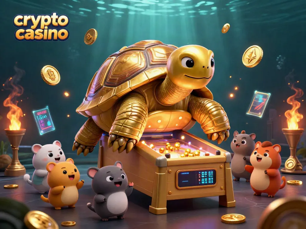 Gioca in un crypto casino con una tartaruga d'oro che diventa una macchina da flipper, mentre si osservano le monete volare!