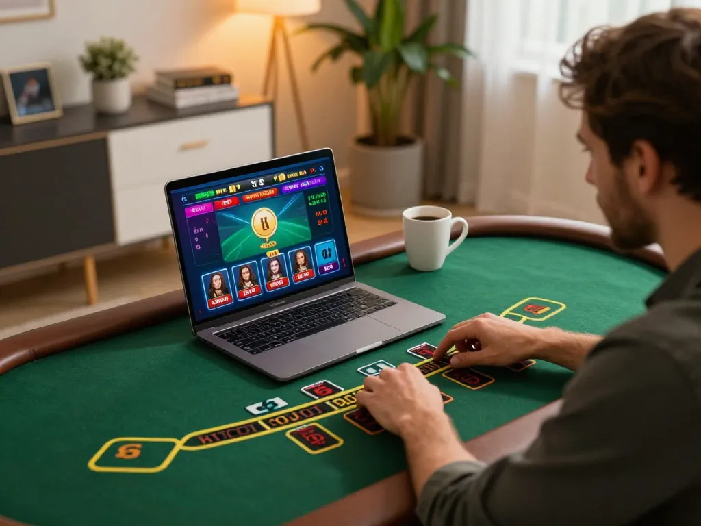Engaging in online gaming with bonus new member 100 on a laptop, showcasing excitement and strategy.