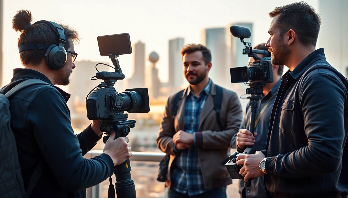 Team engaged in video production edmonton, capturing vibrant city scenes with professional equipment.