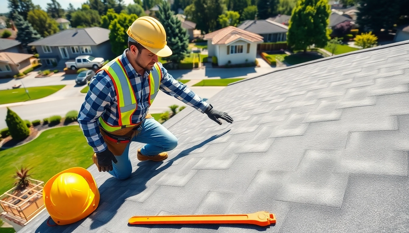 Engaging image showcasing reliable roofing services with a contractor inspecting a quality roof in a suburban setting.