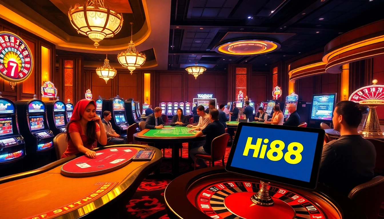 Exciting casino scene showcasing players at Hi88 poker tables with vibrant slot machines.