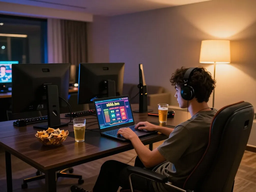 Engaged player enjoying s666-bm casino on a sleek laptop, relaxed setting with snacks and drinks.