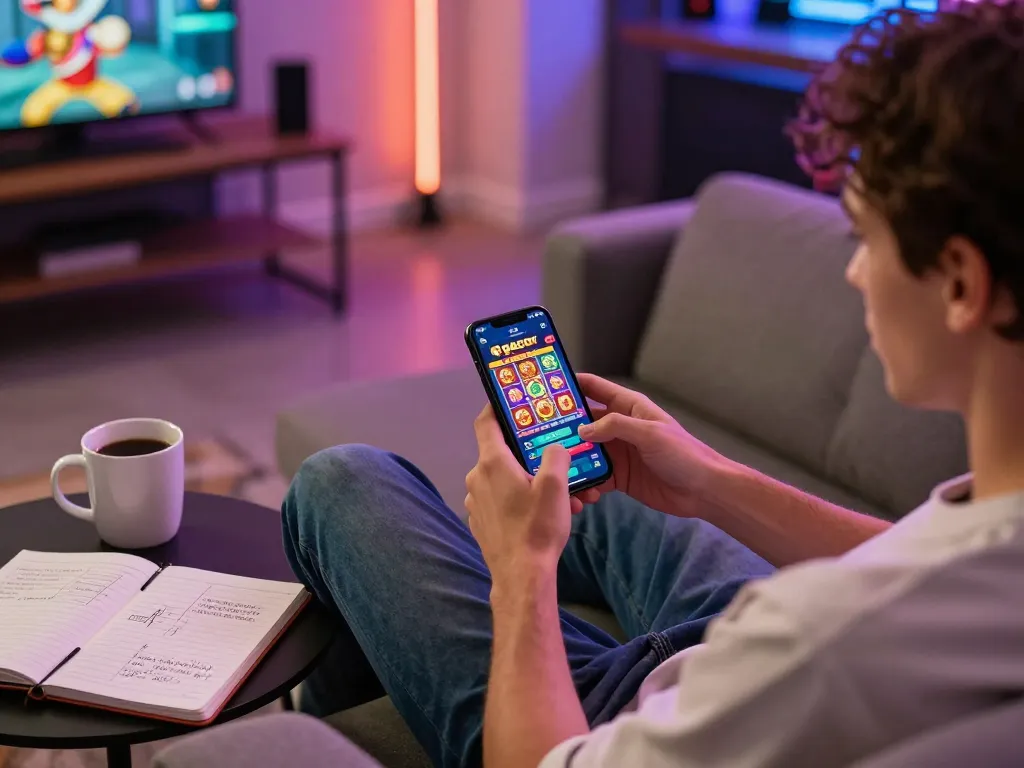Pemandangan menarik menunjukkan pemain fokus pada permainan slot gacor di seluler, terlibat dalam permainan online yang bertanggung jawab.