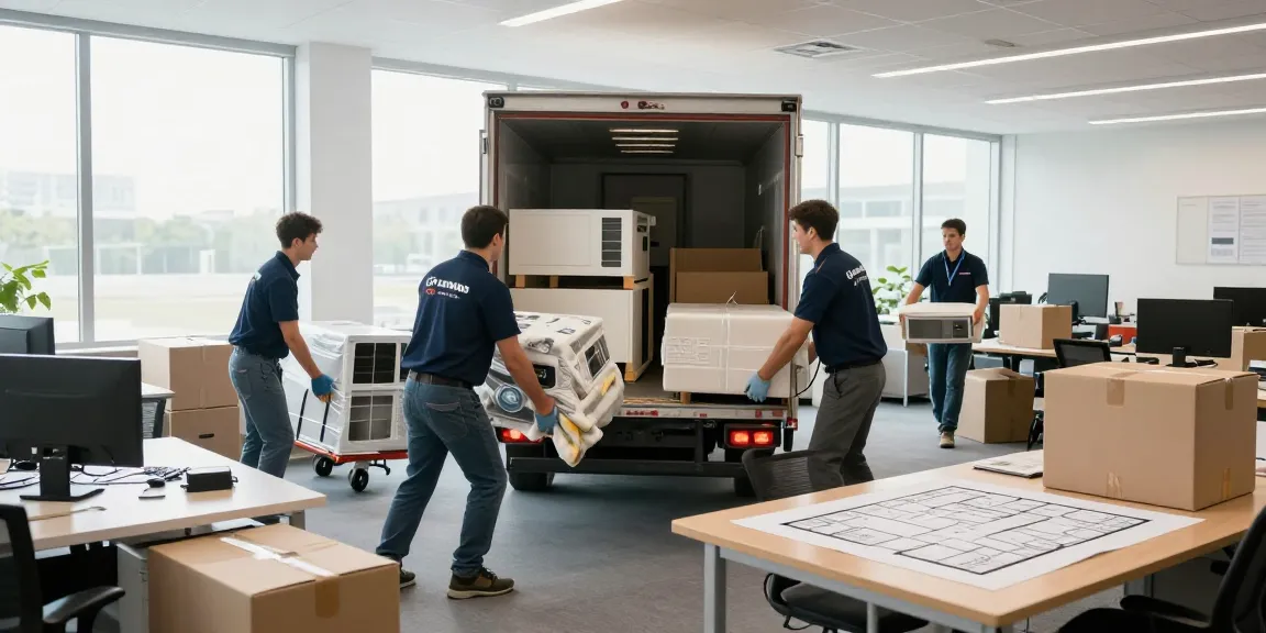 Commercial movers loading furniture and equipment during a professional office relocation, ensuring safe transport and efficiency.